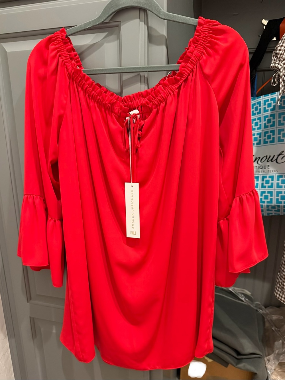 Amanda Uprichard Red Off-Shoulder Ruffle-Sleeve Tunic